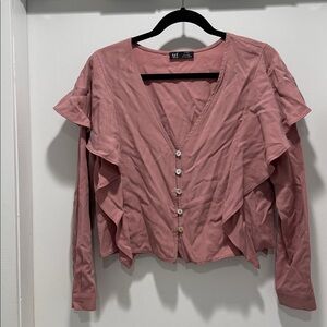 Pink Ruffled Button-Up Blouse